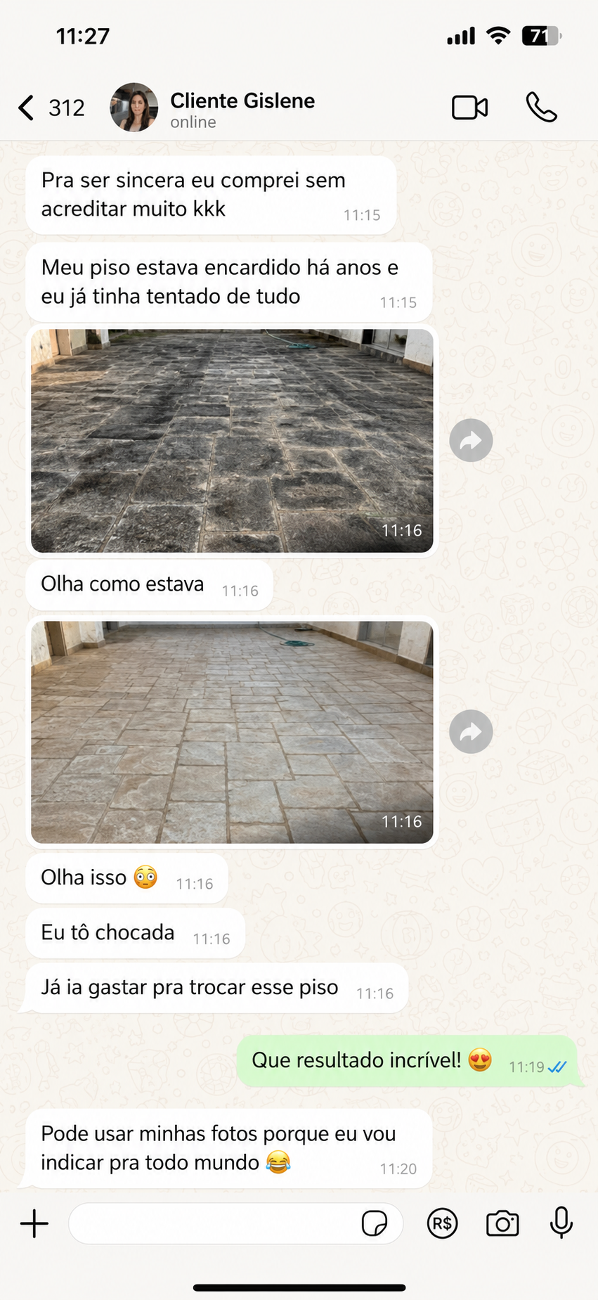 Depoimento de cliente no WhatsApp mostrando antes e depois