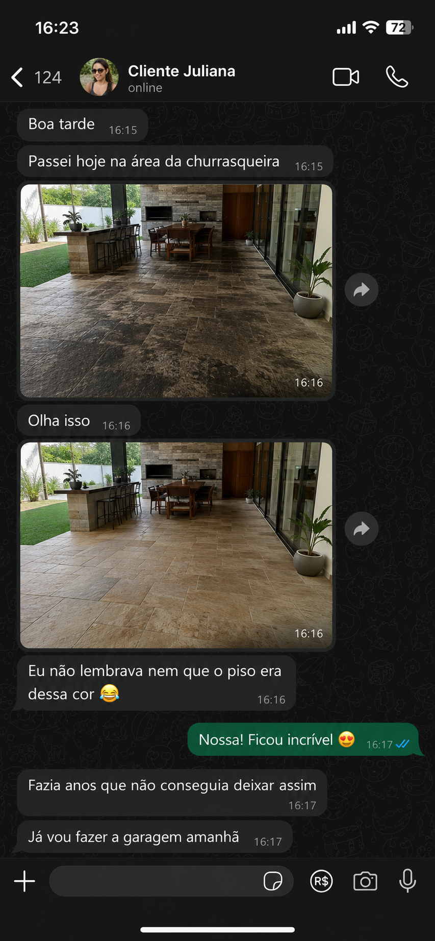 Depoimento de cliente no WhatsApp