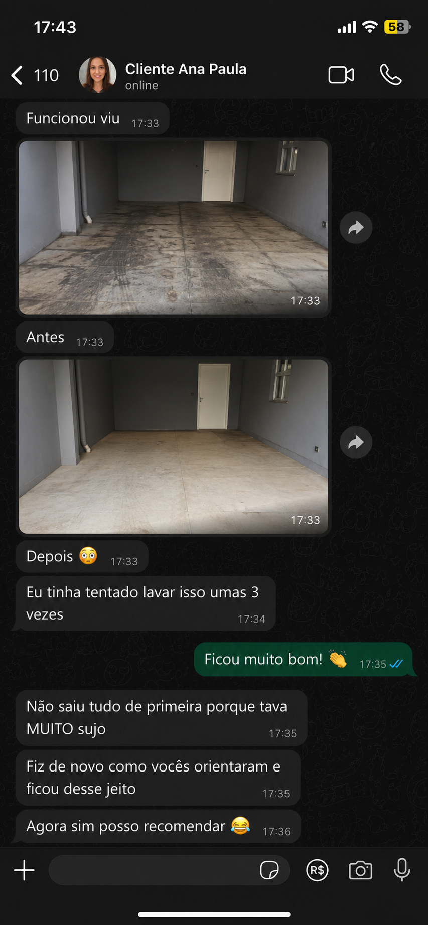 Depoimento de cliente no WhatsApp